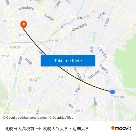 札幌日大高校前 to 札幌大谷大学・短期大学 map