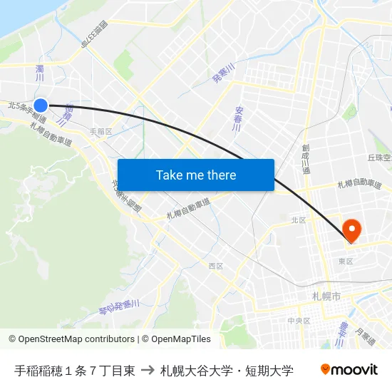 手稲稲穂１条７丁目東 to 札幌大谷大学・短期大学 map