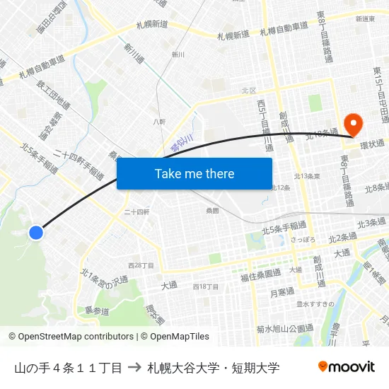山の手４条１１丁目 to 札幌大谷大学・短期大学 map