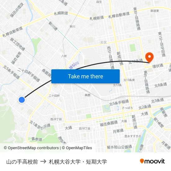 山の手高校前 to 札幌大谷大学・短期大学 map
