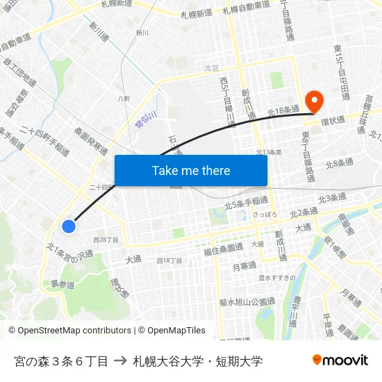 宮の森３条６丁目 to 札幌大谷大学・短期大学 map