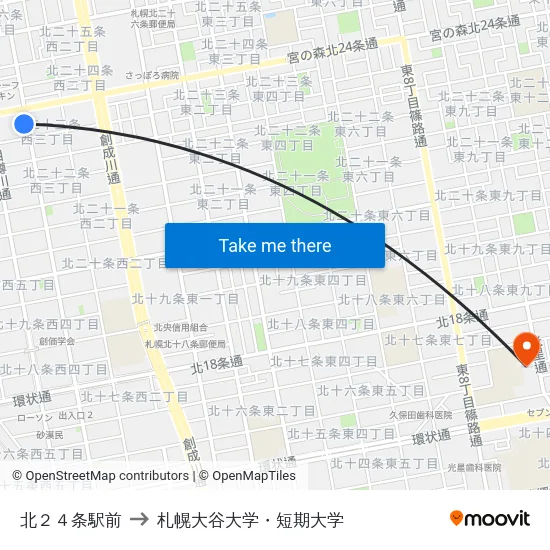 北２４条駅前 to 札幌大谷大学・短期大学 map