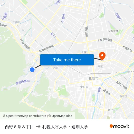 西野６条８丁目 to 札幌大谷大学・短期大学 map