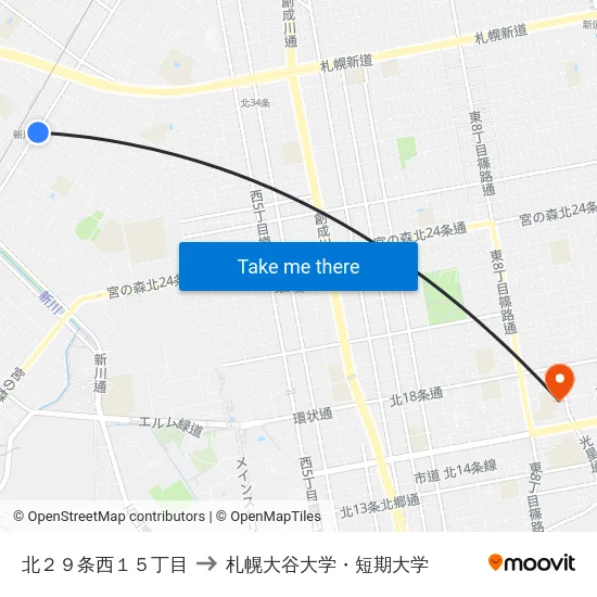 北２９条西１５丁目 to 札幌大谷大学・短期大学 map