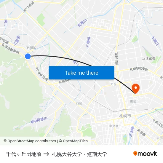 千代ヶ丘団地前 to 札幌大谷大学・短期大学 map