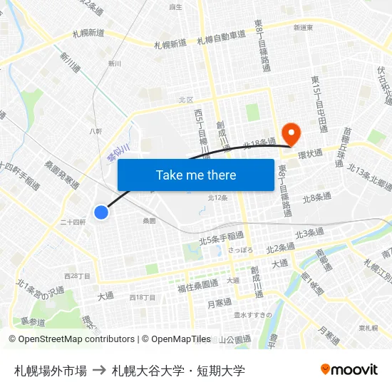 札幌場外市場 to 札幌大谷大学・短期大学 map