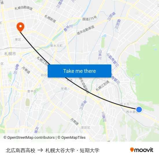 北広島西高校 to 札幌大谷大学・短期大学 map