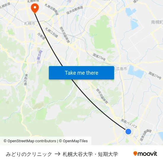 みどりのクリニック to 札幌大谷大学・短期大学 map