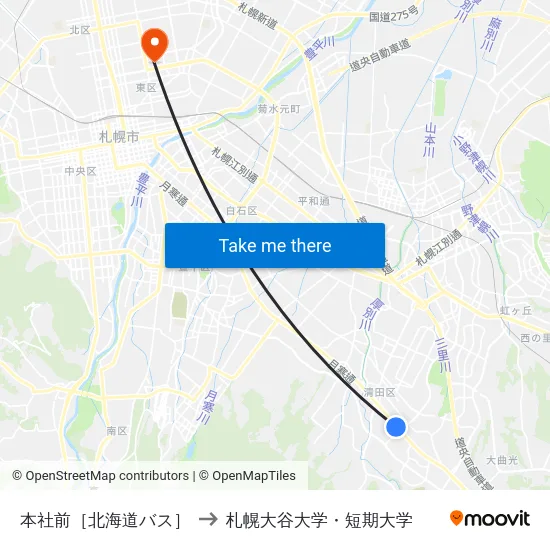 本社前［北海道バス］ to 札幌大谷大学・短期大学 map