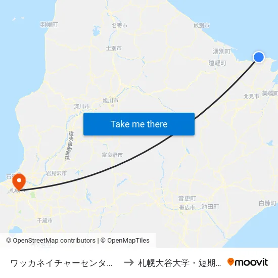 ワッカネイチャーセンター入口 to 札幌大谷大学・短期大学 map