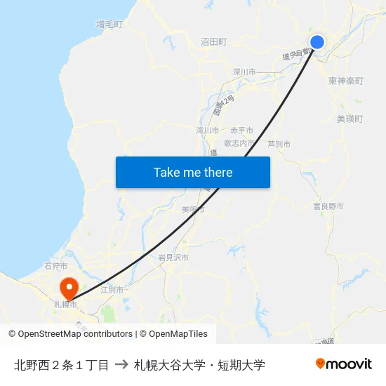 北野西２条１丁目 to 札幌大谷大学・短期大学 map