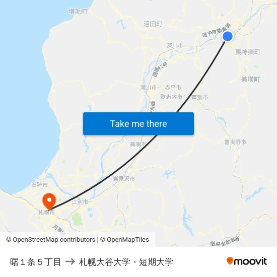 曙１条５丁目 to 札幌大谷大学・短期大学 map