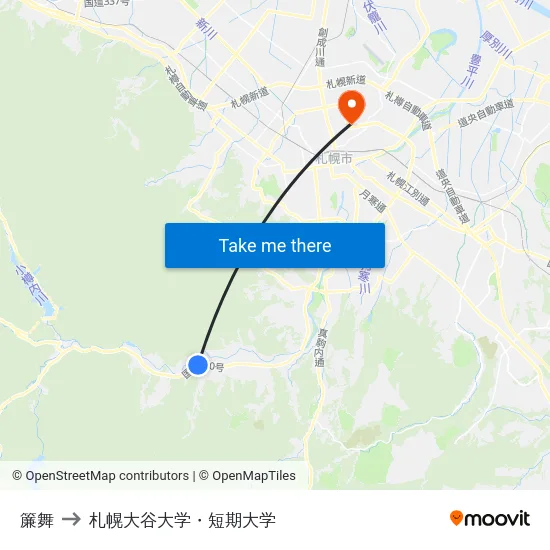 簾舞 to 札幌大谷大学・短期大学 map