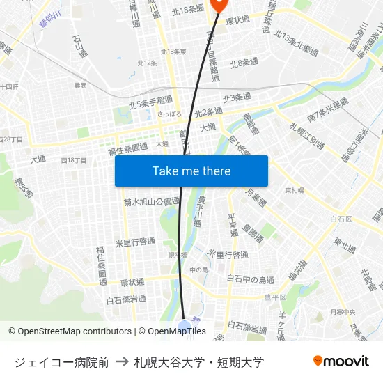 ジェイコー病院前 to 札幌大谷大学・短期大学 map