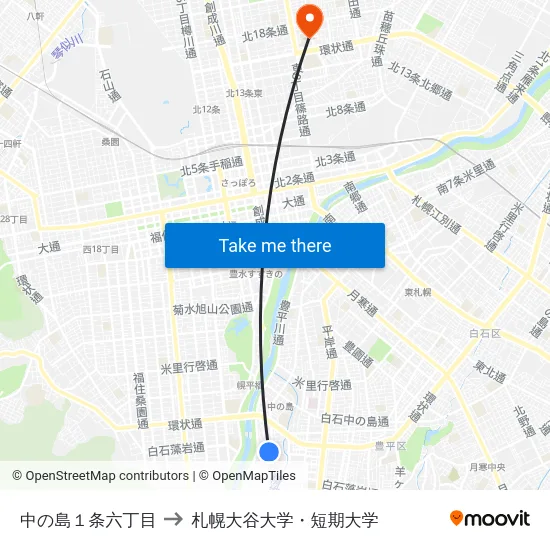 中の島１条六丁目 to 札幌大谷大学・短期大学 map
