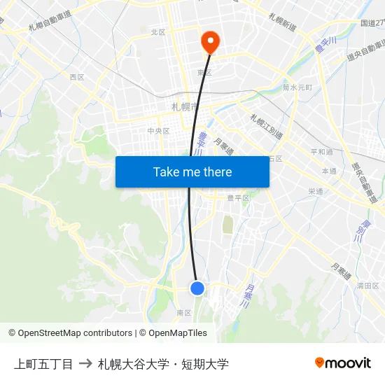 上町五丁目 to 札幌大谷大学・短期大学 map