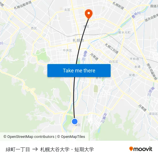 緑町一丁目 to 札幌大谷大学・短期大学 map