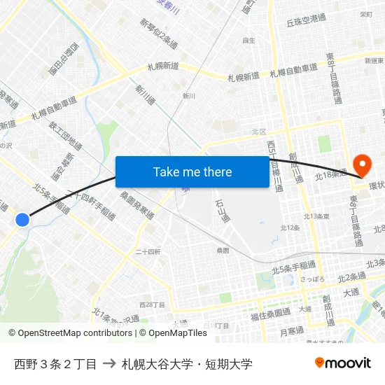 西野３条２丁目 to 札幌大谷大学・短期大学 map