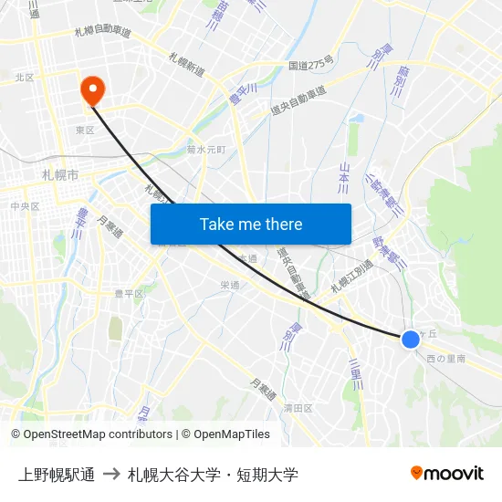 上野幌駅通 to 札幌大谷大学・短期大学 map