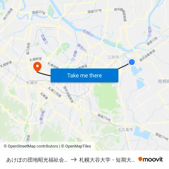 あけぼの団地昭光福祉会前 to 札幌大谷大学・短期大学 map
