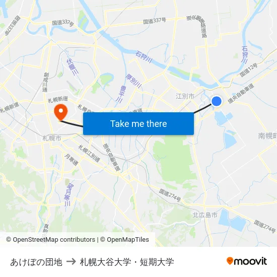 あけぼの団地 to 札幌大谷大学・短期大学 map