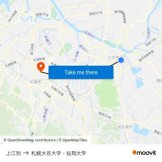 上江別 to 札幌大谷大学・短期大学 map