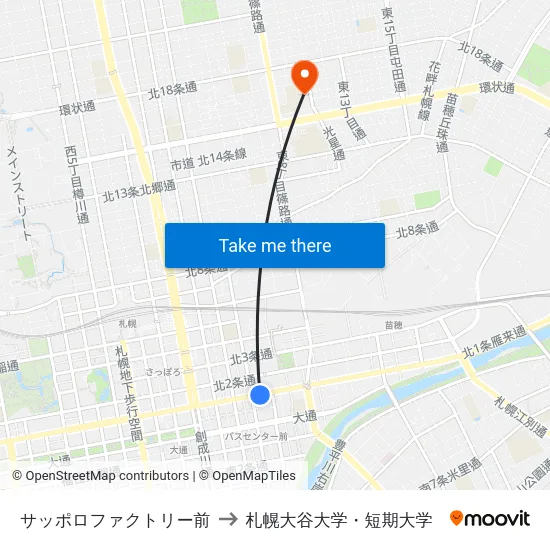 サッポロファクトリー前 to 札幌大谷大学・短期大学 map