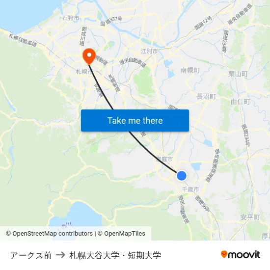 アークス前 to 札幌大谷大学・短期大学 map