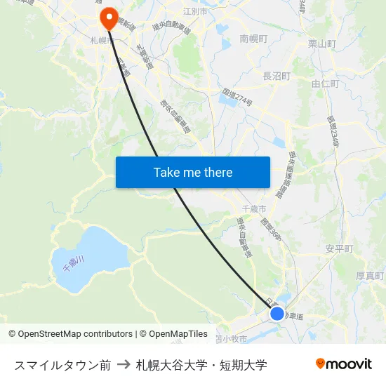 スマイルタウン前 to 札幌大谷大学・短期大学 map