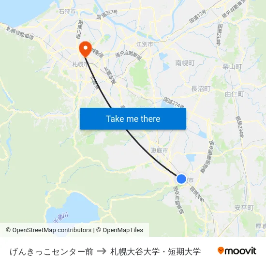 げんきっこセンター前 to 札幌大谷大学・短期大学 map