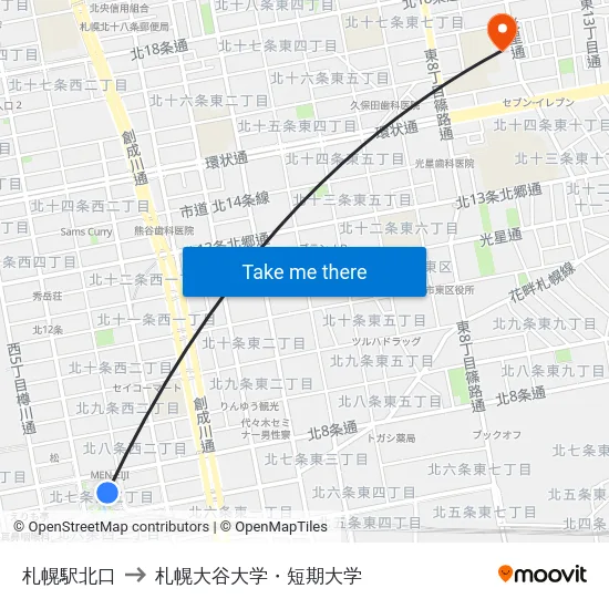 札幌駅北口 to 札幌大谷大学・短期大学 map