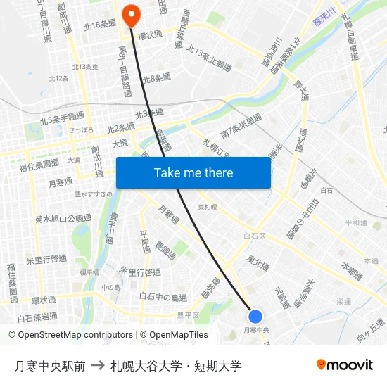 月寒中央駅前 to 札幌大谷大学・短期大学 map