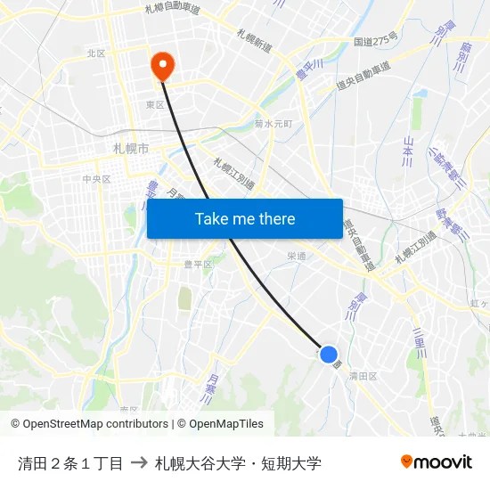 清田２条１丁目 to 札幌大谷大学・短期大学 map
