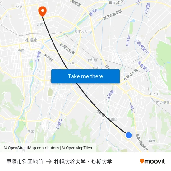 里塚市営団地前 to 札幌大谷大学・短期大学 map