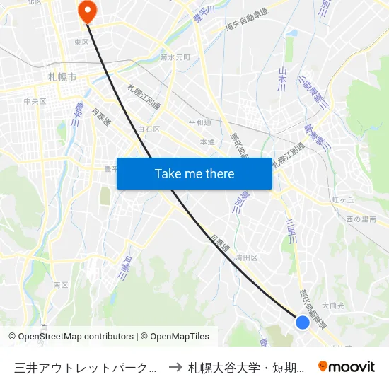 三井アウトレットパーク入口 to 札幌大谷大学・短期大学 map