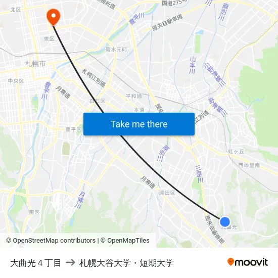 大曲光４丁目 to 札幌大谷大学・短期大学 map