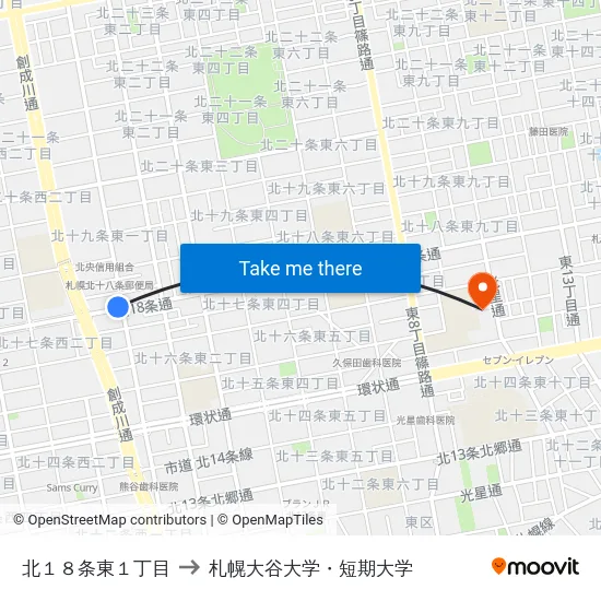 北１８条東１丁目 to 札幌大谷大学・短期大学 map