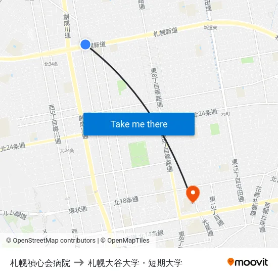 札幌禎心会病院 to 札幌大谷大学・短期大学 map