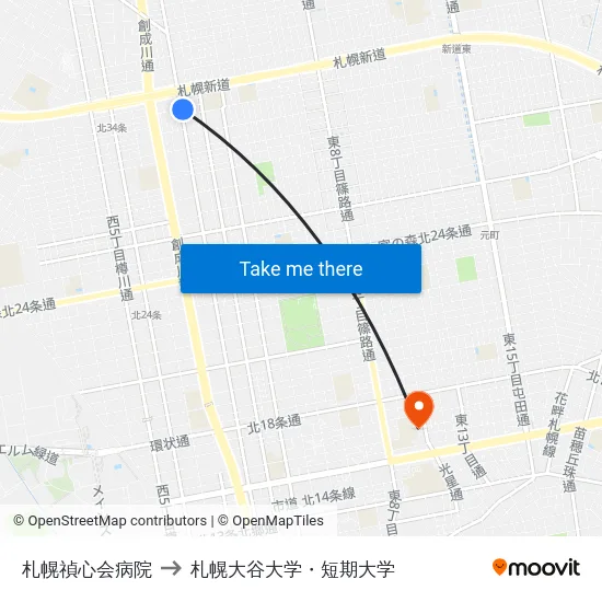 札幌禎心会病院 to 札幌大谷大学・短期大学 map