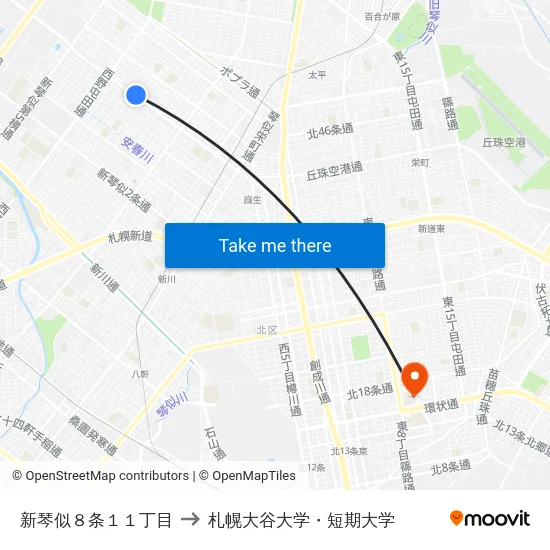 新琴似８条１１丁目 to 札幌大谷大学・短期大学 map