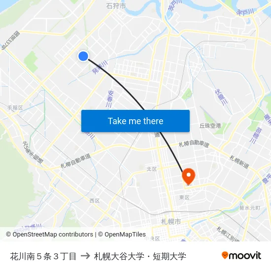 花川南５条３丁目 to 札幌大谷大学・短期大学 map