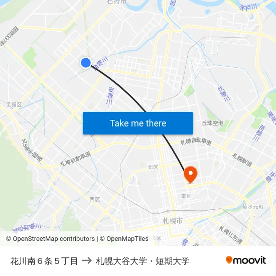 花川南６条５丁目 to 札幌大谷大学・短期大学 map