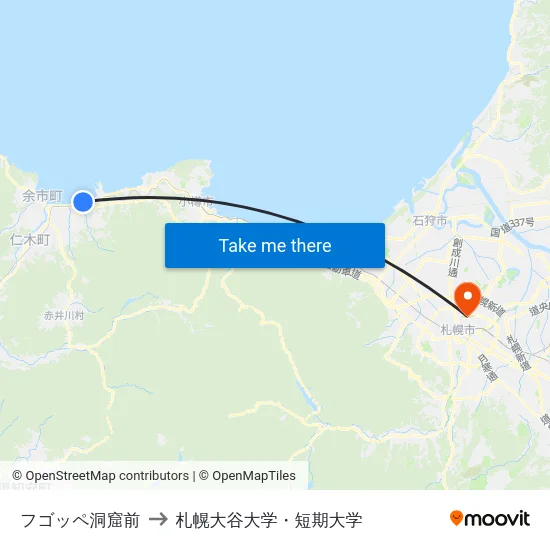 フゴッペ洞窟前 to 札幌大谷大学・短期大学 map