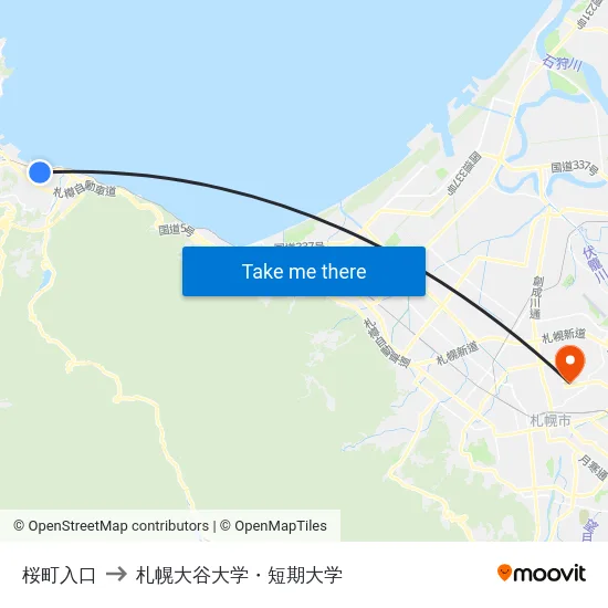 桜町入口 to 札幌大谷大学・短期大学 map