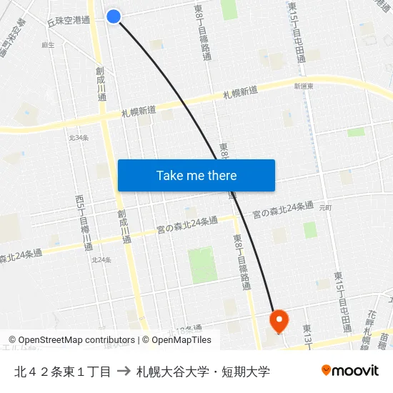 北４２条東１丁目 to 札幌大谷大学・短期大学 map