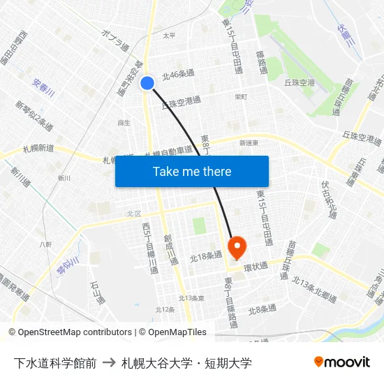 下水道科学館前 to 札幌大谷大学・短期大学 map