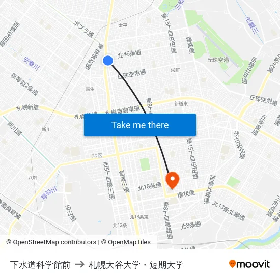 下水道科学館前 to 札幌大谷大学・短期大学 map