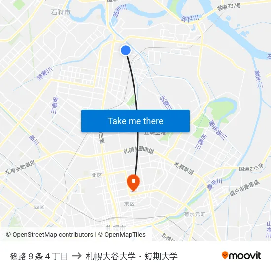 篠路９条４丁目 to 札幌大谷大学・短期大学 map