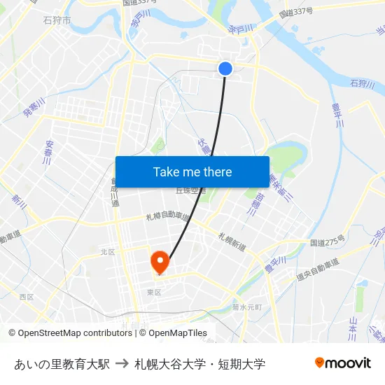 あいの里教育大駅 to 札幌大谷大学・短期大学 map