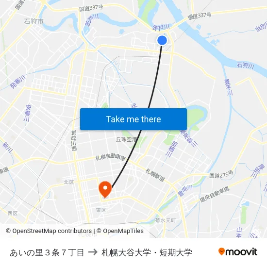 あいの里３条７丁目 to 札幌大谷大学・短期大学 map